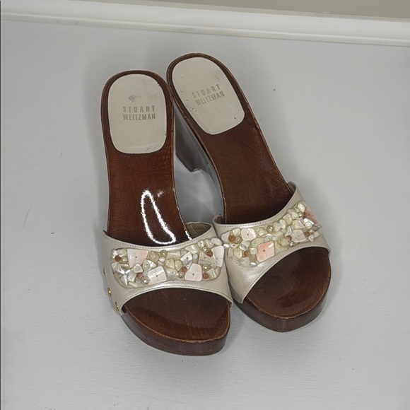 Stuart Weitzman Wood Sole Cream Shells Beads Y2K Beach Resortwear Spain Sandals - Picture 2 of 11
